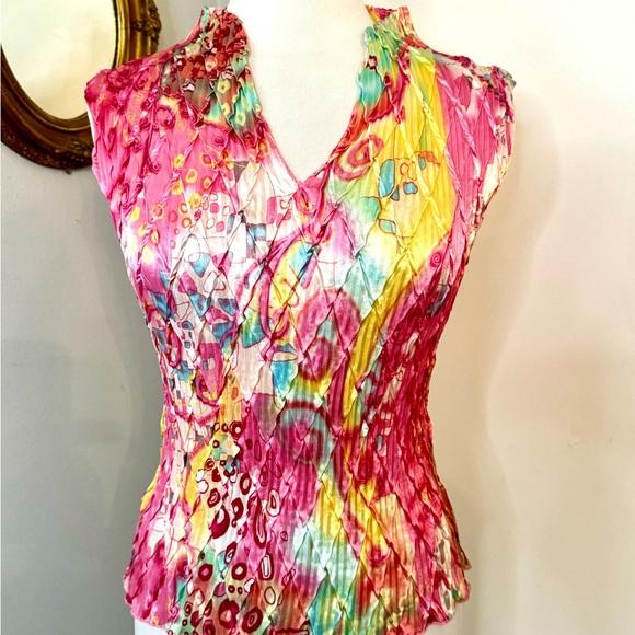 Vintage NICOLA Crinkle Sleeveless Top Pink Disco Retro - Picture 11 of 12